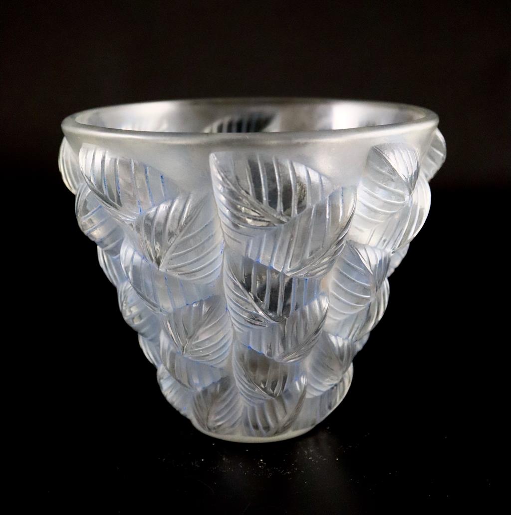 René Lalique. A pre-war Moissac pattern blue tinted frosted glass vase, no.992, designed in 1927, 13cm high